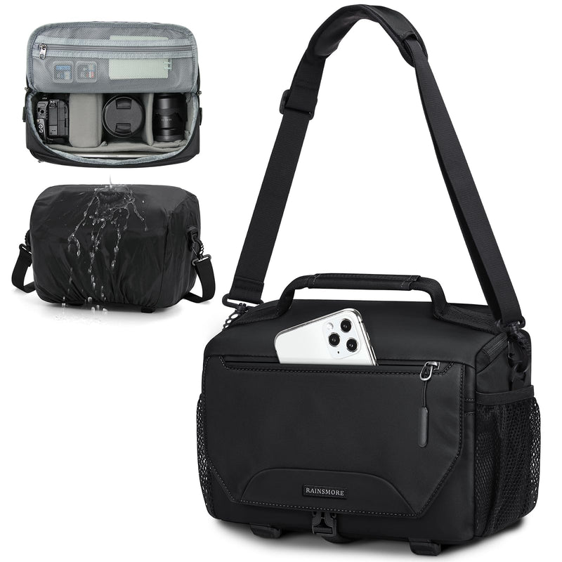 RAINSMORE Camera Bag, Small DSLR/SLR/Mirrorless Camera Sling Bag Waterproof Camera Case with Tripod Holder & Rain Cover Compact Crossbody Camera Bags for Photographers Everyday Shoulder Bags, Black