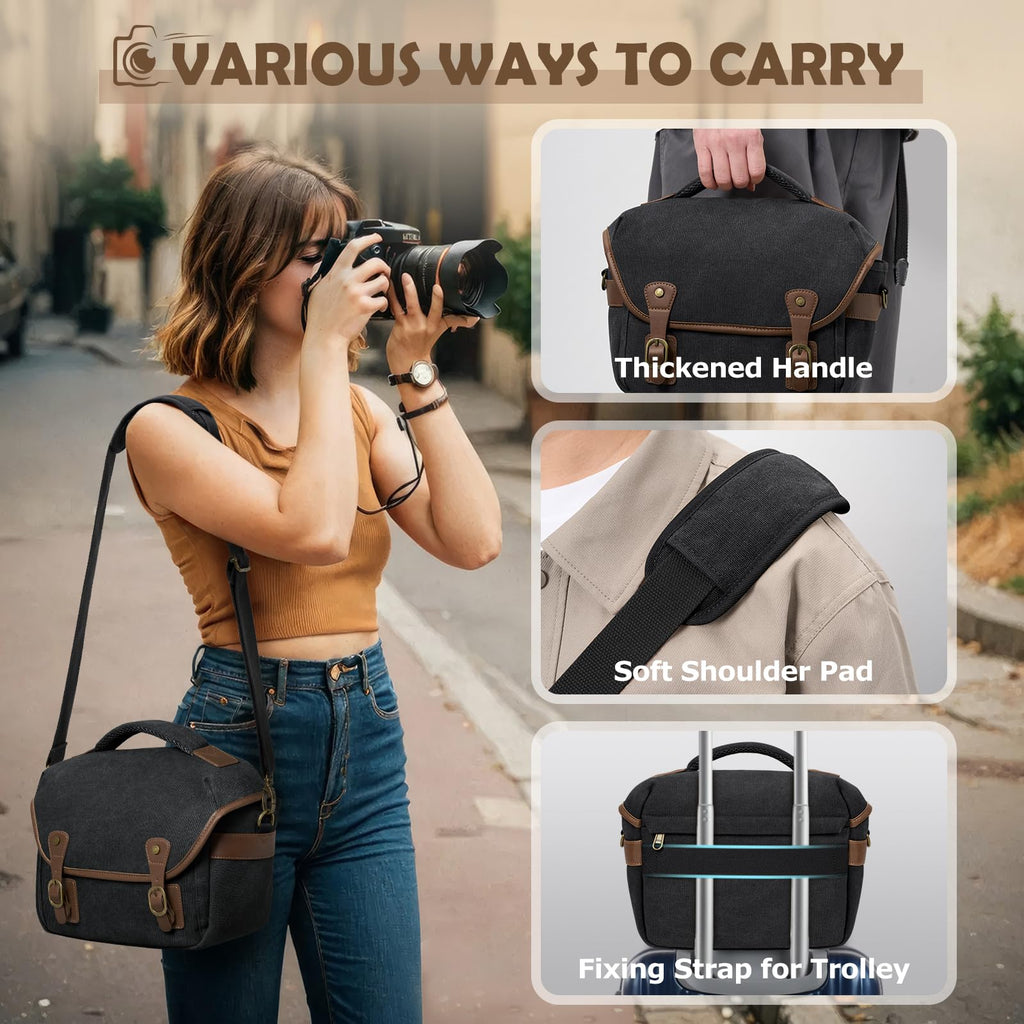 RAINSMORE Canvas Camera Bag, DSLR/SLR/Mirrorless Small Camera Sling Bags Cross - body Camera Case, Compact Shoulder Bag for Photographers with Rain Cover Vintage Sling Bags for Men and Women, Black