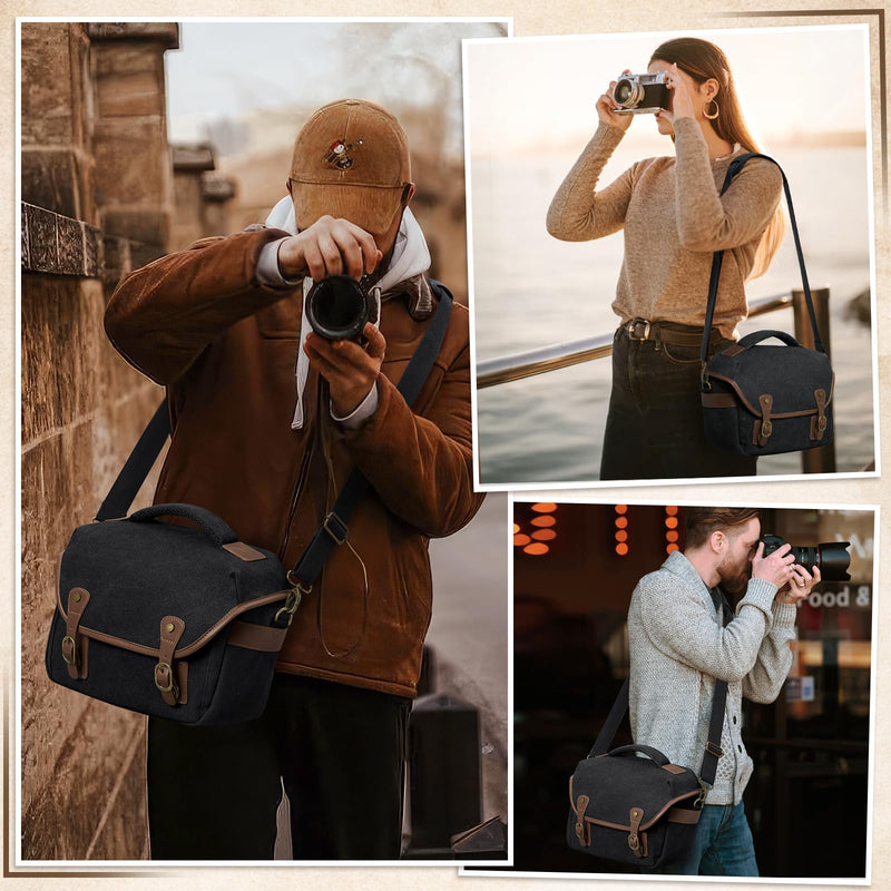 RAINSMORE Canvas Camera Bag, DSLR/SLR/Mirrorless Small Camera Sling Bags Cross - body Camera Case, Compact Shoulder Bag for Photographers with Rain Cover Vintage Sling Bags for Men and Women, Black