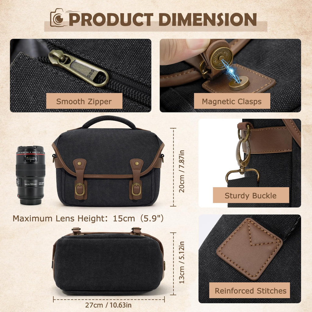 RAINSMORE Canvas Camera Bag, DSLR/SLR/Mirrorless Small Camera Sling Bags Cross - body Camera Case, Compact Shoulder Bag for Photographers with Rain Cover Vintage Sling Bags for Men and Women, Black