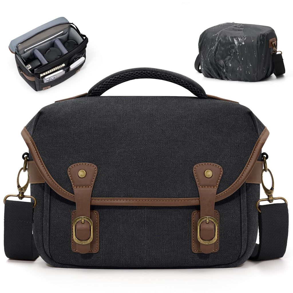 RAINSMORE Canvas Camera Bag, DSLR/SLR/Mirrorless Small Camera Sling Bags Cross - body Camera Case, Compact Shoulder Bag for Photographers with Rain Cover Vintage Sling Bags for Men and Women, Black