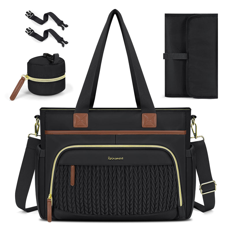 RAINSMORE Diaper Bag Tote, Large Capacity Diaper Bag Waterproof Baby Bag Multifunctional Travel Diaper Tote with Pacifier Case & Changing Pad, Black