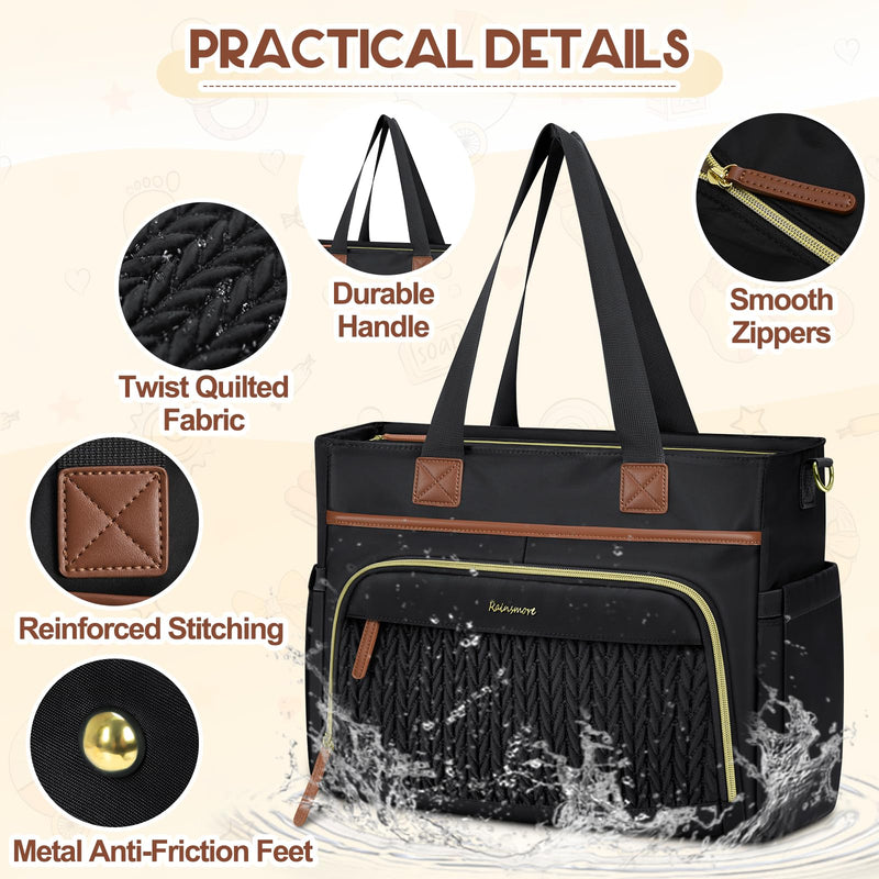 RAINSMORE Diaper Bag Tote, Large Capacity Diaper Bag Waterproof Baby Bag Multifunctional Travel Diaper Tote with Pacifier Case & Changing Pad, Black