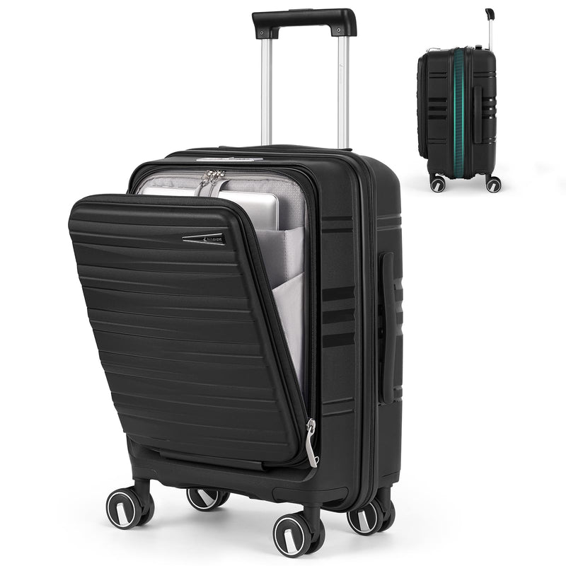RAINSMORE Expandable Carry on Luggage 20 Inch, Airline Approved Carry on Suitcase with Front Pocket&Laptop Compartment, Hardshell Rolling Travel Luggage with Spinner Wheels,Black