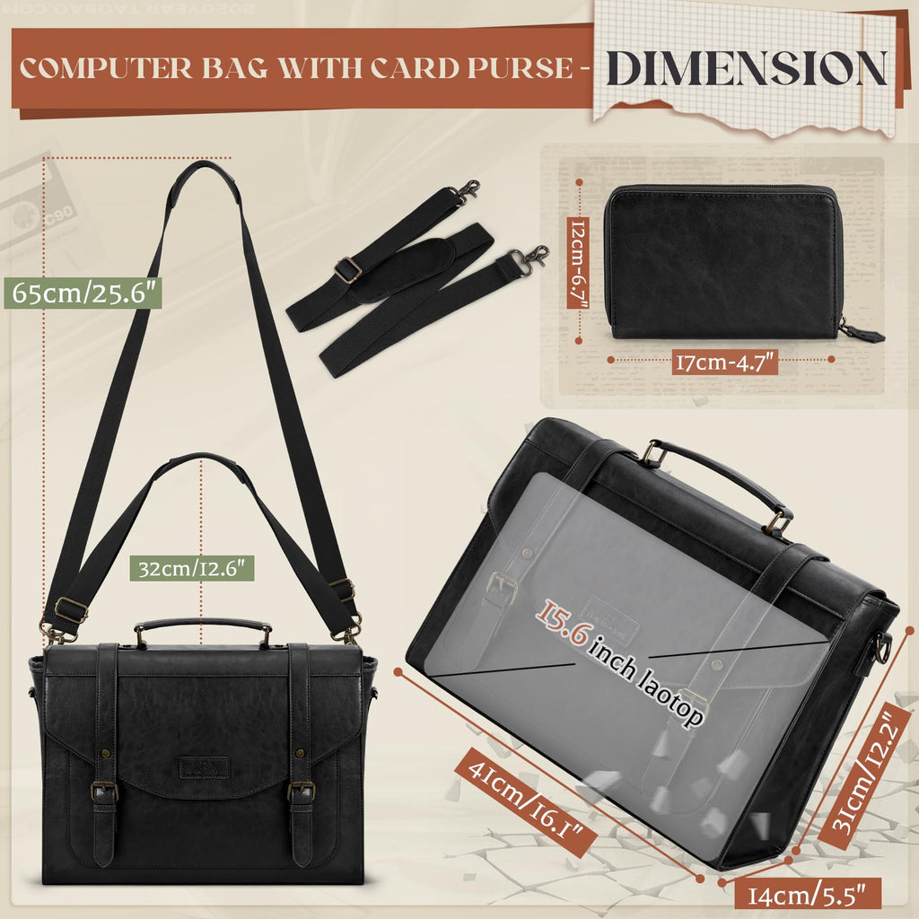 RAINSMORE Flap Messenger Bag for Men Vintage PU Vegan Leather Laptop Bag 15.6 Inch Professional Mens Briefcase Waterproof Satchel Bag Men with Card Purse Computer Bag for Work College Office Black