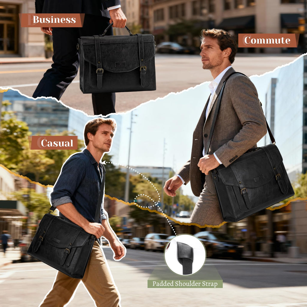 RAINSMORE Flap Messenger Bag for Men Vintage PU Vegan Leather Laptop Bag 15.6 Inch Professional Mens Briefcase Waterproof Satchel Bag Men with Card Purse Computer Bag for Work College Office Black