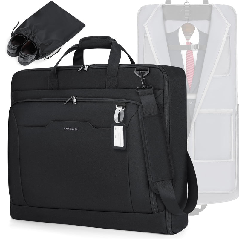 RAINSMORE Garment Bags for Travel Carry On Garment Bag for Hanging Clothes, Suit Bag for Business Trips with Shoes bag & Shoulder Strap, Waterproof Foldable Suit Luggage Bag for Men Women, Black