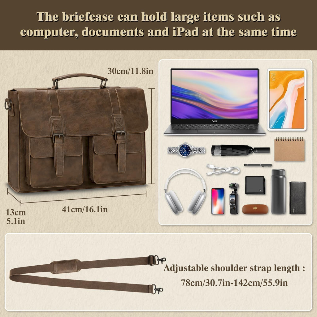 RAINSMORE Leather Messenger Bag for Men 15.6 Inch Vintage Laptop Bag Waterproof Briefcases for Men Computer Shoulder Bag Satchel for Work, Office, College, Business, Darkbrown