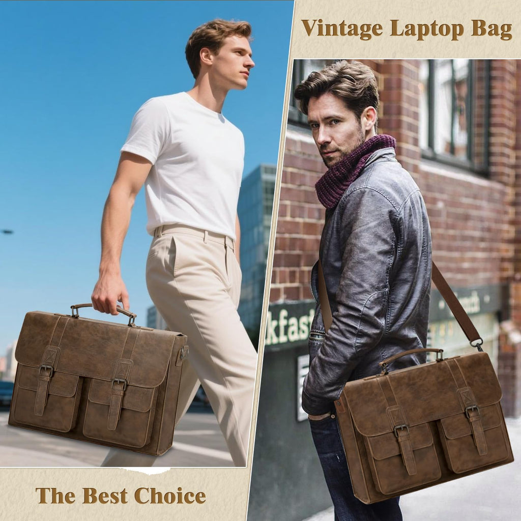 RAINSMORE Leather Messenger Bag for Men 15.6 Inch Vintage Laptop Bag Waterproof Briefcases for Men Computer Shoulder Bag Satchel for Work, Office, College, Business, Darkbrown