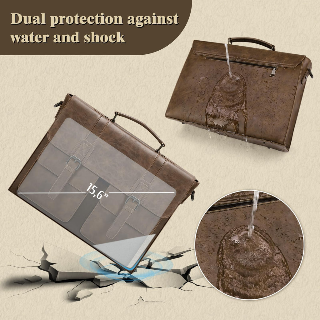RAINSMORE Leather Messenger Bag for Men 15.6 Inch Vintage Laptop Bag Waterproof Briefcases for Men Computer Shoulder Bag Satchel for Work, Office, College, Business, Darkbrown