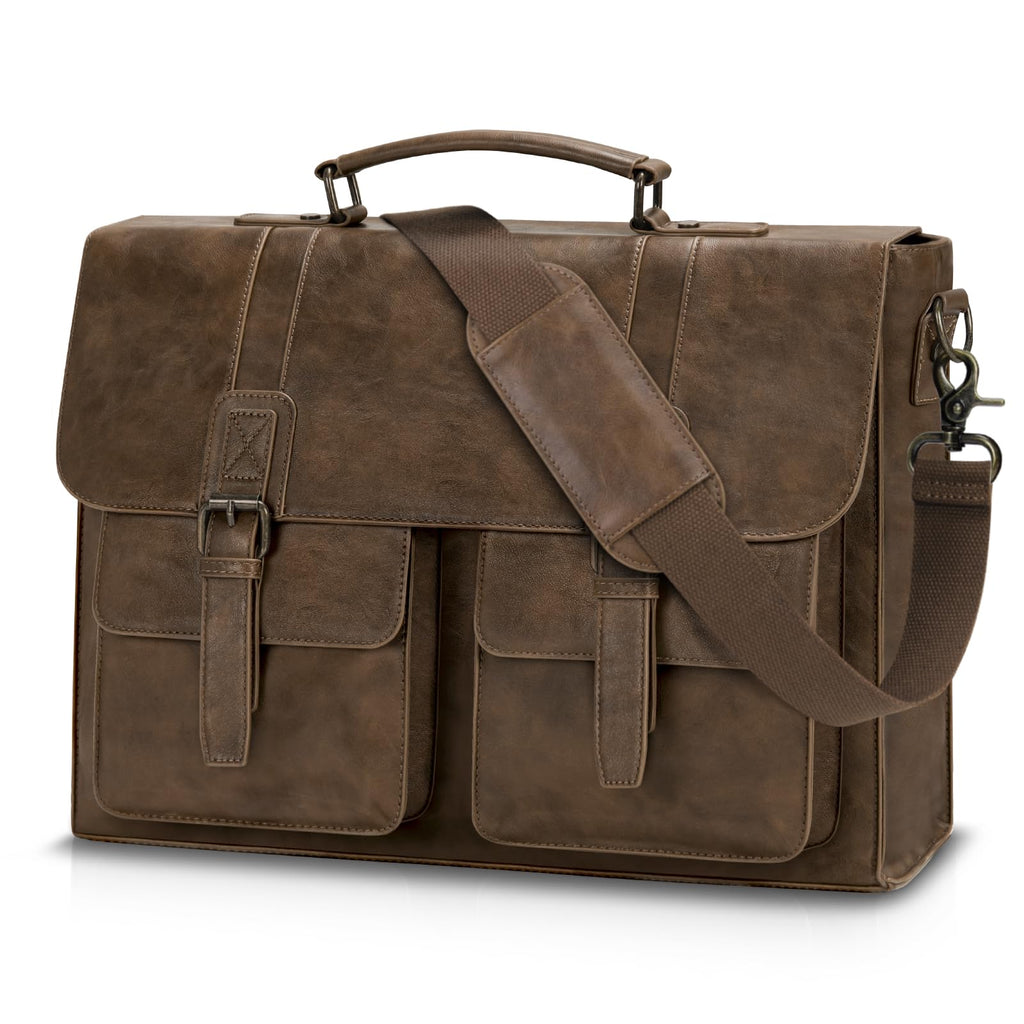 RAINSMORE Leather Messenger Bag for Men 15.6 Inch Vintage Laptop Bag Waterproof Briefcases for Men Computer Shoulder Bag Satchel for Work, Office, College, Business, Darkbrown