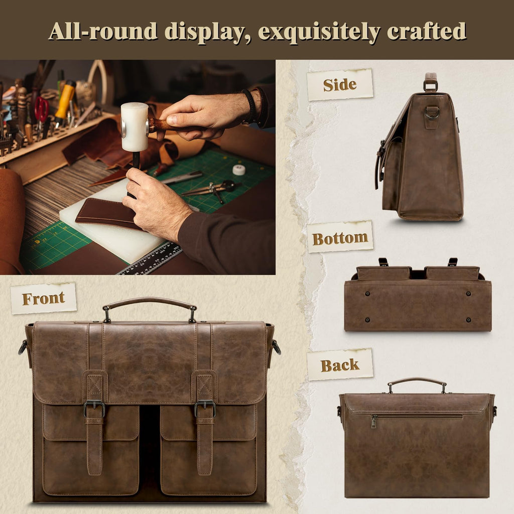 RAINSMORE Leather Messenger Bag for Men 15.6 Inch Vintage Laptop Bag Waterproof Briefcases for Men Computer Shoulder Bag Satchel for Work, Office, College, Business, Darkbrown