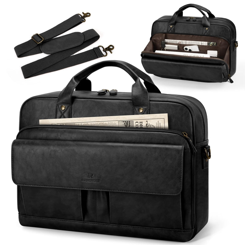 RAINSMORE Mens Laptop Bag PU Leather Messenger Bag 15.6 Inch Briefcase for Men Vintage Computer Satchel Shoulder Bag for Work, Business,Travel, Office, Black