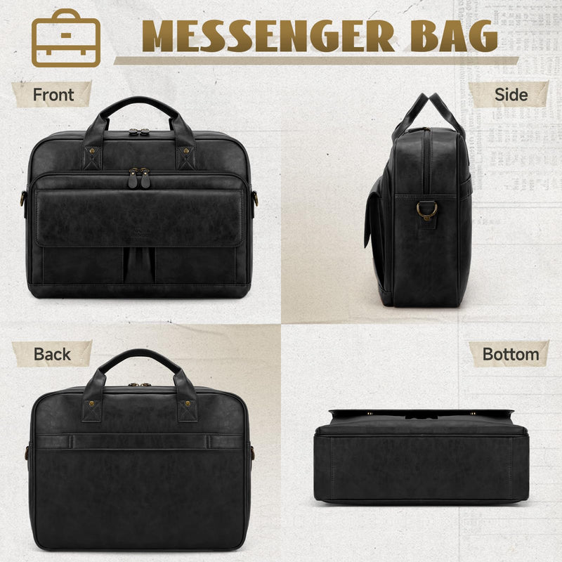 RAINSMORE Mens Laptop Bag PU Leather Messenger Bag 15.6 Inch Briefcase for Men Vintage Computer Satchel Shoulder Bag for Work, Business,Travel, Office, Black
