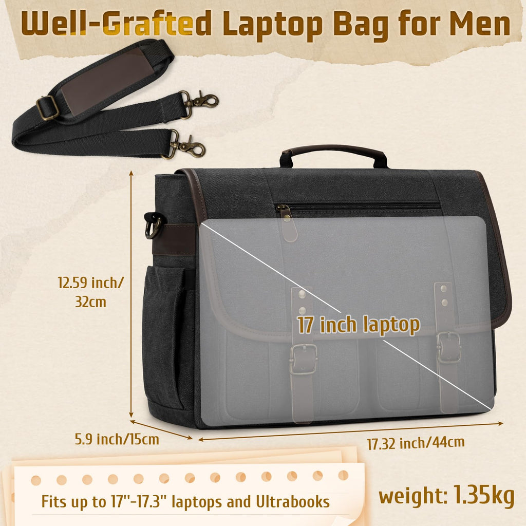 RAINSMORE Mens Messenger Bag 17 - 17.3 Inch Vintage Canvas Briefcase Water - resistant Large Computer Laptop Bag Rugged Satchel Shoulder Bag for Work Travel, Bookbag for College