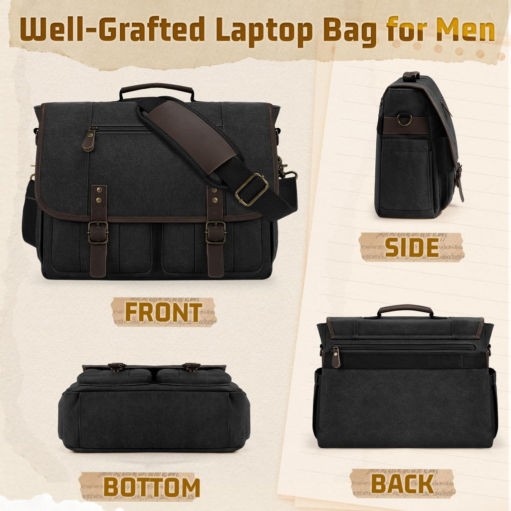 RAINSMORE Mens Messenger Bag 17 - 17.3 Inch Vintage Canvas Briefcase Water - resistant Large Computer Laptop Bag Rugged Satchel Shoulder Bag for Work Travel, Bookbag for College