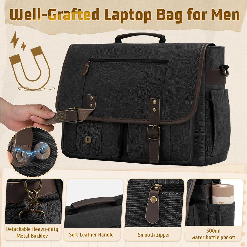 RAINSMORE Mens Messenger Bag 17 - 17.3 Inch Vintage Canvas Briefcase Water - resistant Large Computer Laptop Bag Rugged Satchel Shoulder Bag for Work Travel, Bookbag for College