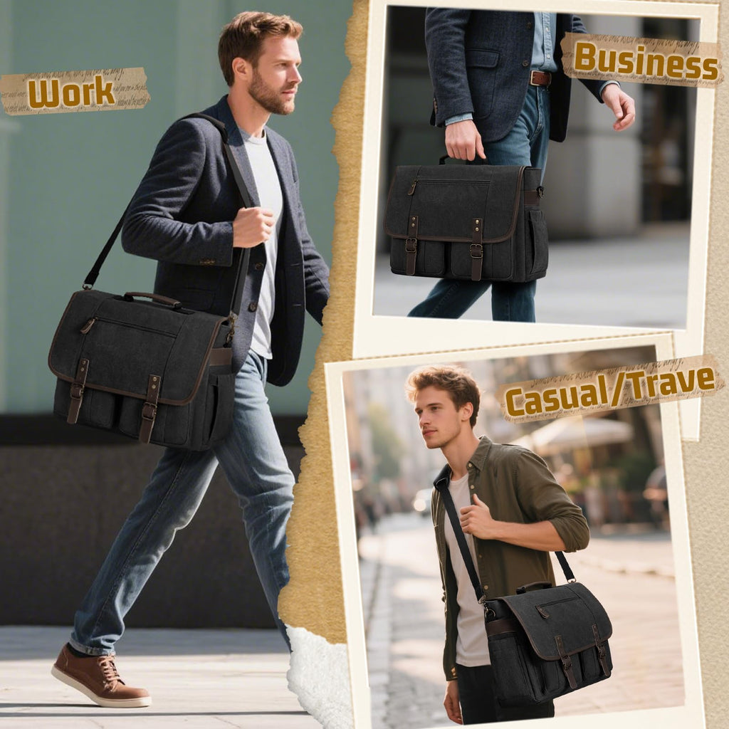 RAINSMORE Mens Messenger Bag 17 - 17.3 Inch Vintage Canvas Briefcase Water - resistant Large Computer Laptop Bag Rugged Satchel Shoulder Bag for Work Travel, Bookbag for College
