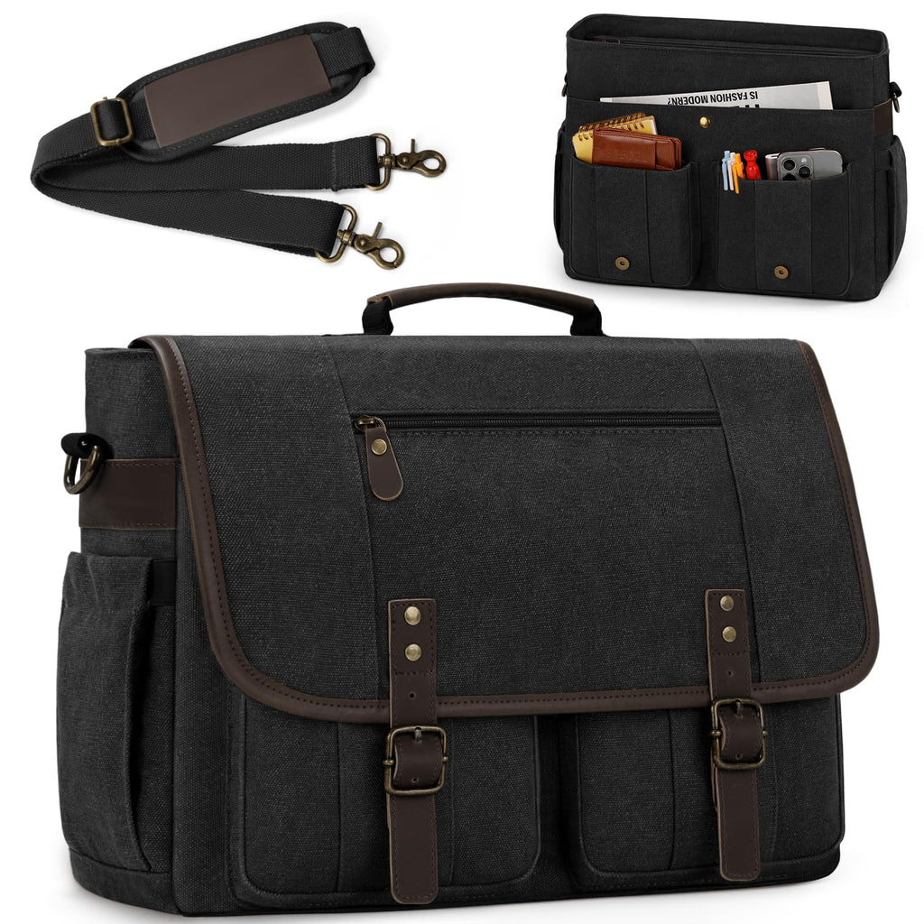 RAINSMORE Mens Messenger Bag 17 - 17.3 Inch Vintage Canvas Briefcase Water - resistant Large Computer Laptop Bag Rugged Satchel Shoulder Bag for Work Travel, Bookbag for College