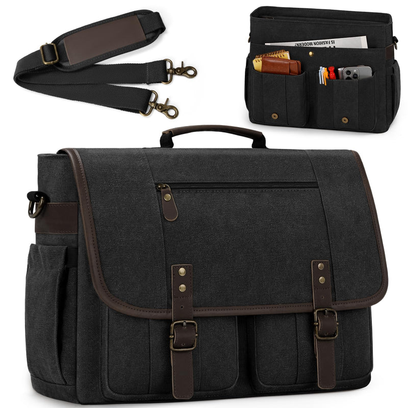 RAINSMORE Mens Messenger Bag 17 - 17.3 Inch Vintage Canvas Briefcase Water - resistant Large Computer Laptop Bag Rugged Satchel Shoulder Bag for Work Travel, Bookbag for College