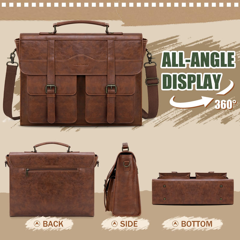 RAINSMORE Mens Messenger Bag 17 Inch Vintage Leather Laptop Briefcase Magnetic Closure Large Satchel Computer Shoulder Bag for Office Travel College, Brown