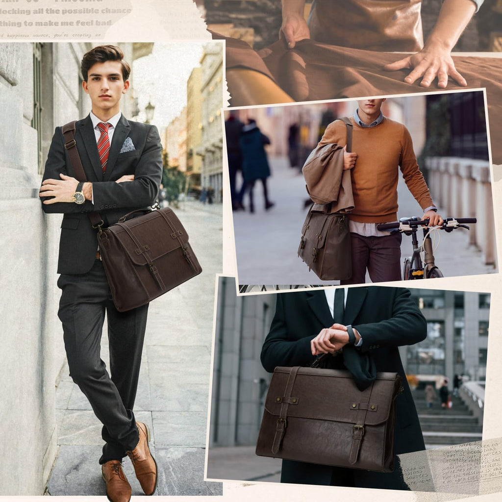 RAINSMORE Mens Messenger Bag 17 Inch Waterproof Vintage Leather Laptop Briefcase Large Laptop Bag Satchel Bag Computer Shoulder Bag for Office Business Travel College,Brown