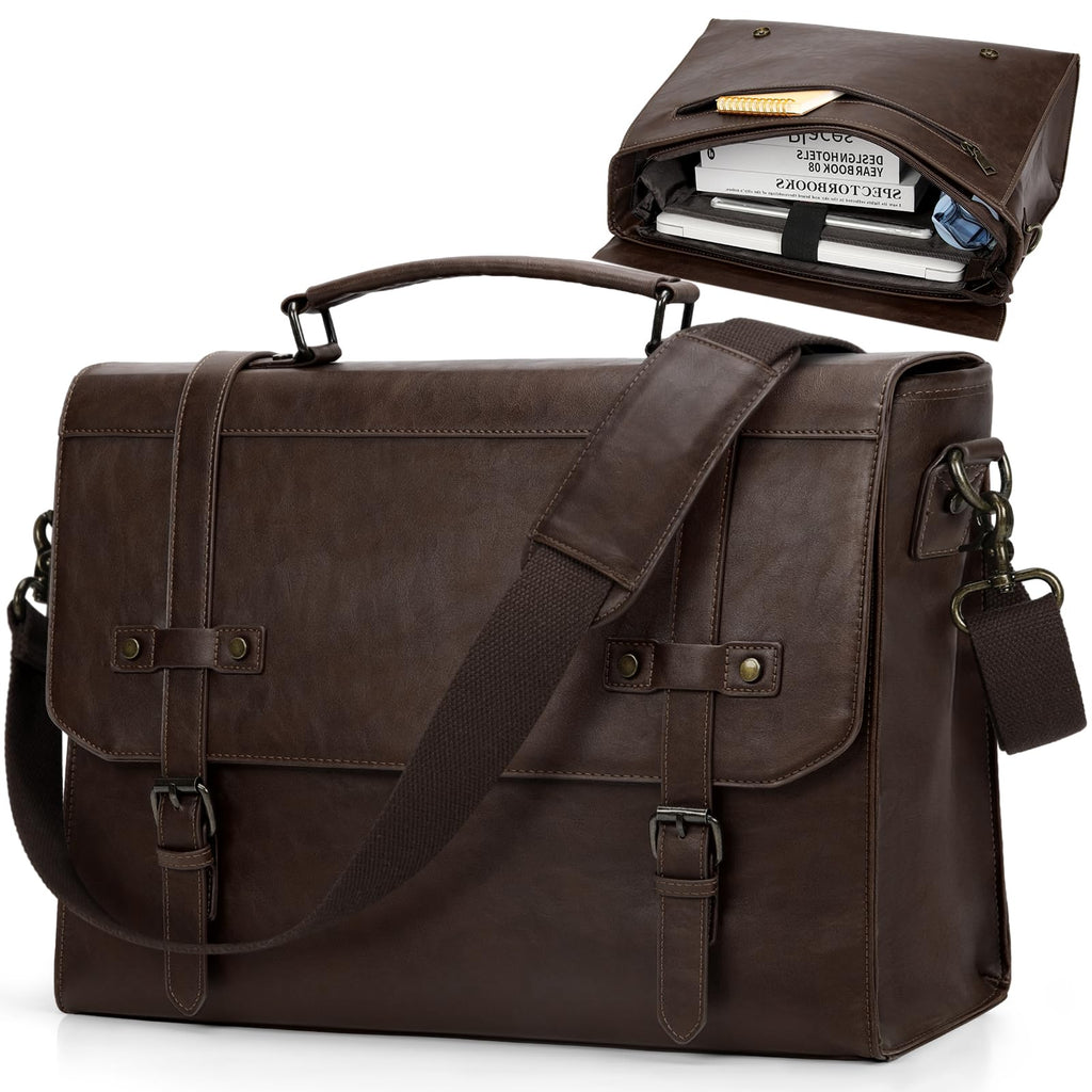 RAINSMORE Mens Messenger Bag 17 Inch Waterproof Vintage Leather Laptop Briefcase Large Laptop Bag Satchel Bag Computer Shoulder Bag for Office Business Travel College,Brown