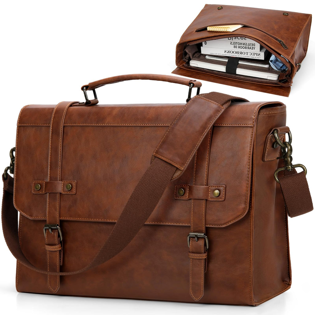 RAINSMORE Mens Messenger Bag 17 Inch Waterproof Vintage Leather Laptop Briefcase Large Laptop Bag Satchel Bag Computer Shoulder Bag | Backpacks4Less