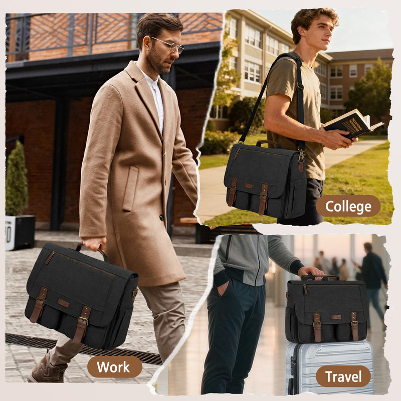 RAINSMORE Messenger Bag for Men 15.6 - 17.3 Inch Laptop Bag Water - resistant Canvas Briefcase Large Computer Satchel Shoulder Bag for Work College Travel, Black