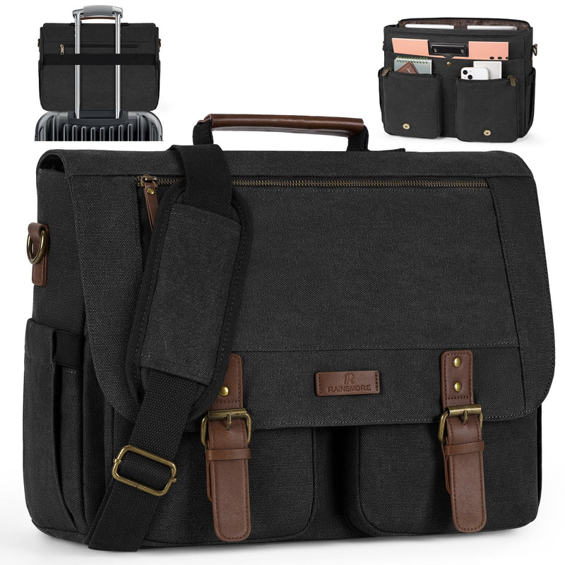 RAINSMORE Messenger Bag for Men 15.6 - 17.3 Inch Laptop Bag Water - resistant Canvas Briefcase Large Computer Satchel Shoulder Bag for Work College Travel, Black