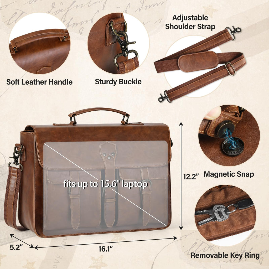 RAINSMORE Messenger Bag for Men 15.6 Inch Leather Vintage Laptop Briefcase Large Laptop Bag Waterproof Satchel Bag Computer Shoulder Bag for Office Work Travel College, Brown