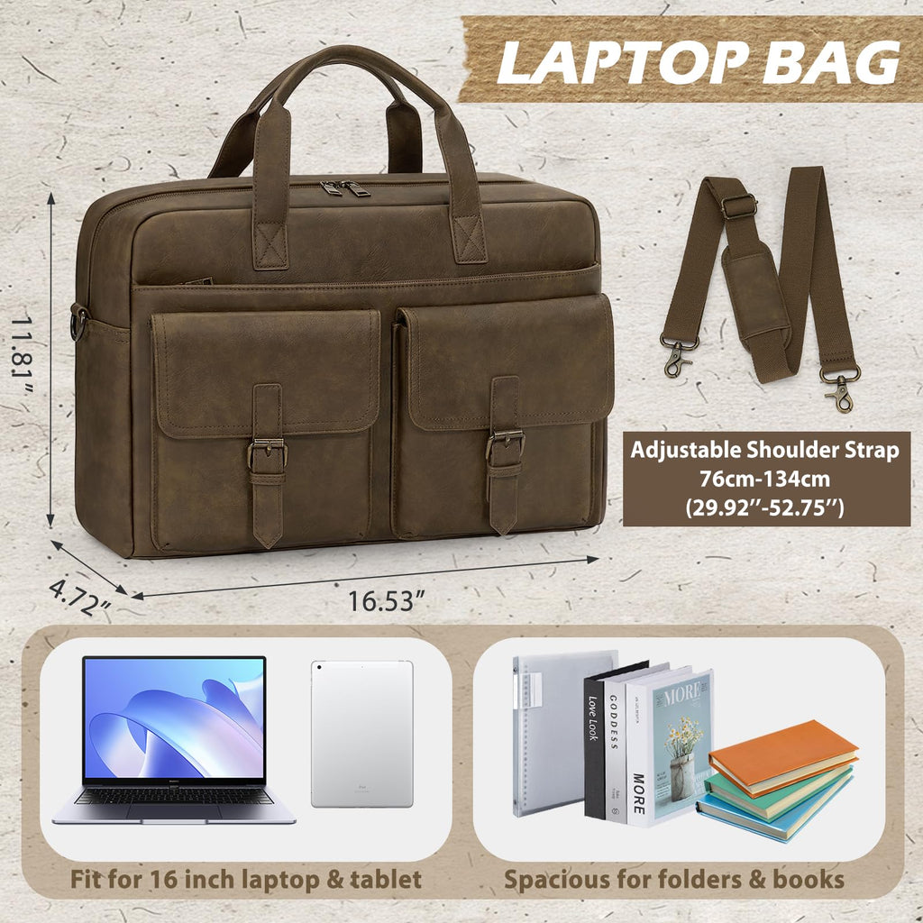 RAINSMORE Messenger Bag for Men 16 Inch Leather Laptop Bags Work Computer Briefcase Vintage Mens Satchel Shoulder Bag for Work, Office, Business, Travel, Dark Brown