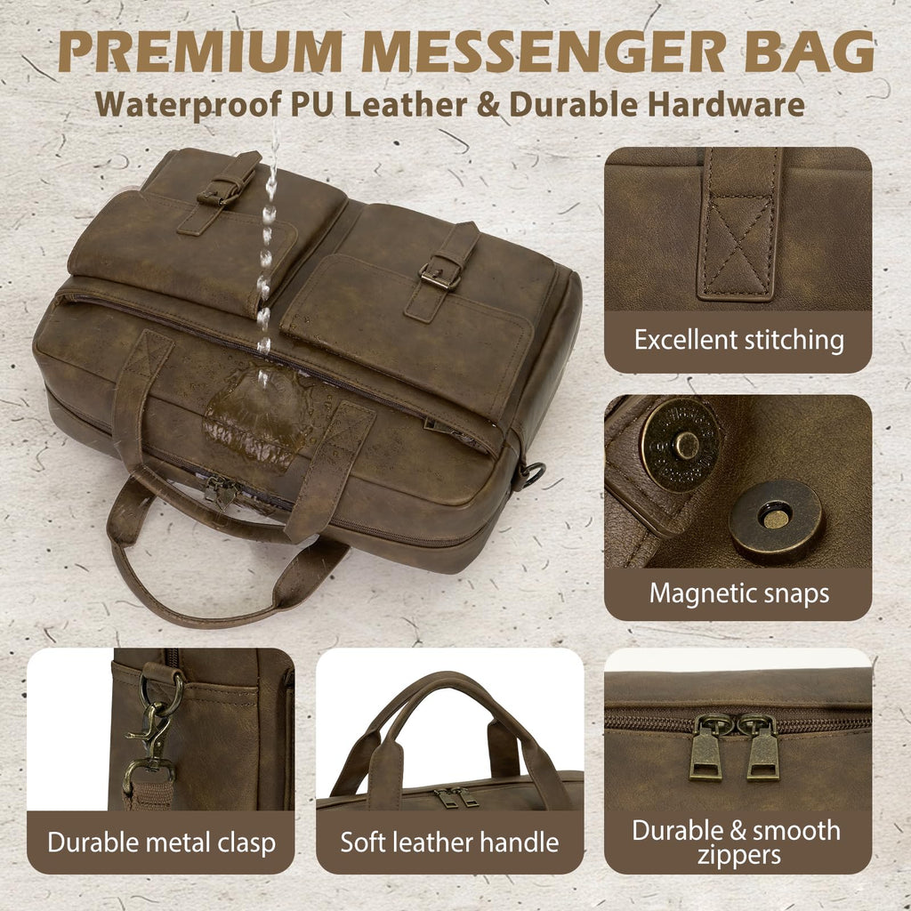 RAINSMORE Messenger Bag for Men 16 Inch Leather Laptop Bags Work Computer Briefcase Vintage Mens Satchel Shoulder Bag for Work, Office, Business, Travel, Dark Brown