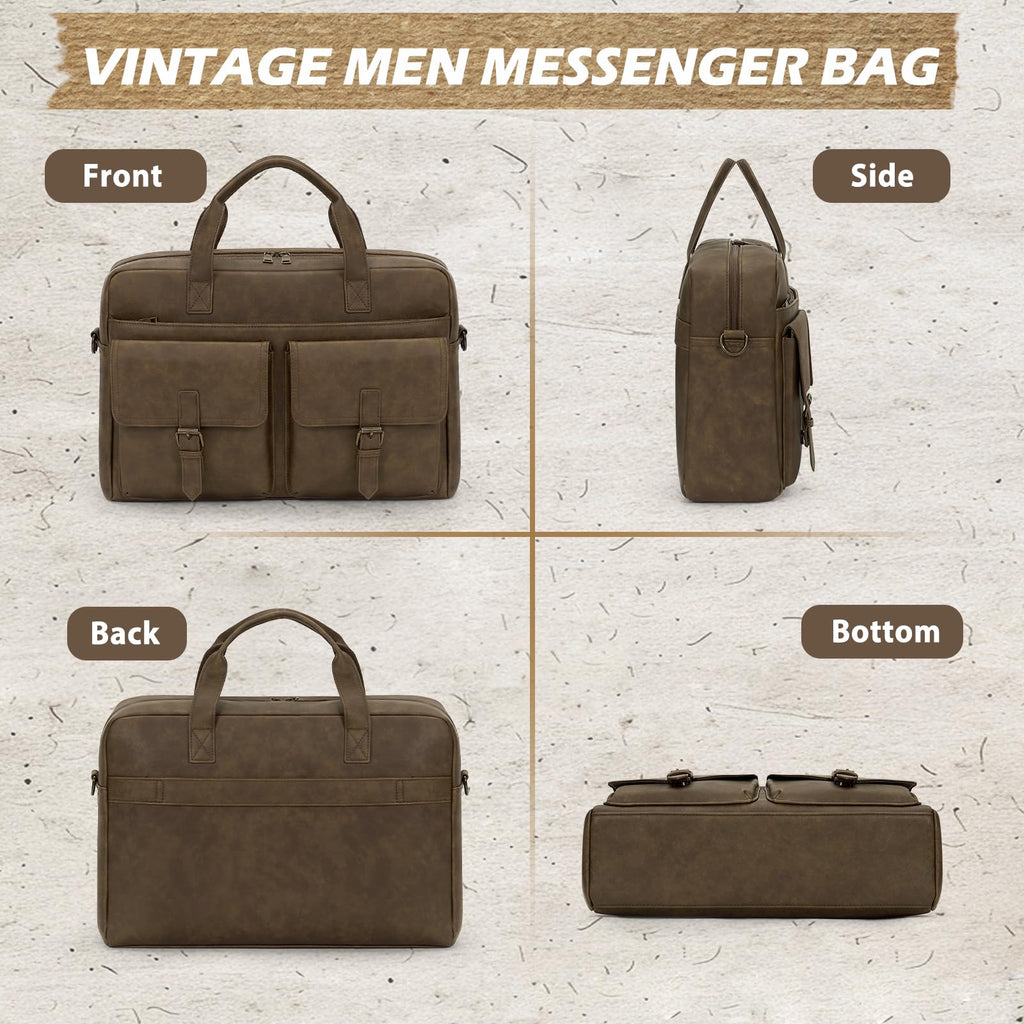 RAINSMORE Messenger Bag for Men 16 Inch Leather Laptop Bags Work Computer Briefcase Vintage Mens Satchel Shoulder Bag for Work, Office, Business, Travel, Dark Brown