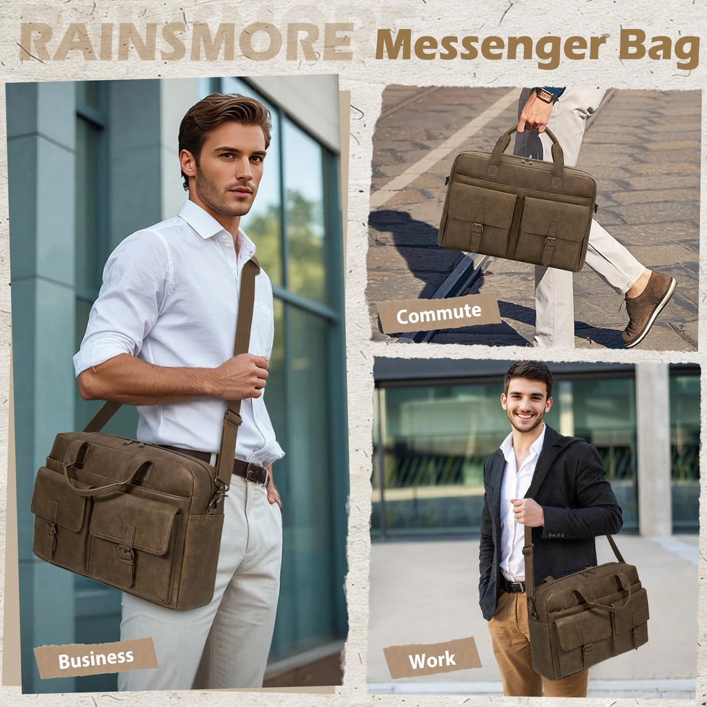RAINSMORE Messenger Bag for Men 16 Inch Leather Laptop Bags Work Computer Briefcase Vintage Mens Satchel Shoulder Bag for Work, Office, Business, Travel, Dark Brown