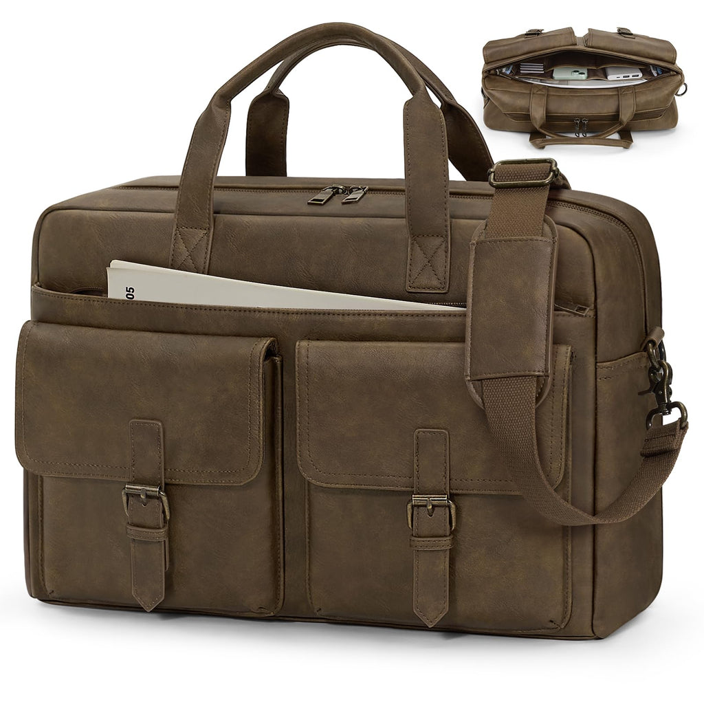 RAINSMORE Messenger Bag for Men 16 Inch Leather Laptop Bags Work Computer Briefcase Vintage Mens Satchel Shoulder Bag for Work, Office, Business, Travel, Dark Brown