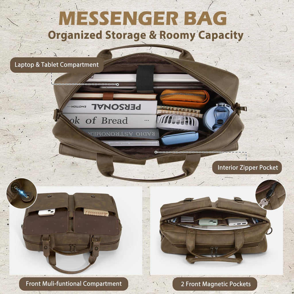 RAINSMORE Messenger Bag for Men 16 Inch Leather Laptop Bags Work Computer Briefcase Vintage Mens Satchel Shoulder Bag for Work, Office, Business, Travel, Dark Brown