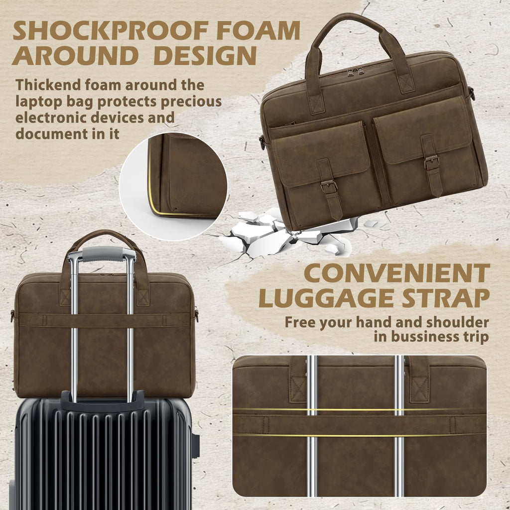 RAINSMORE Messenger Bag for Men 16 Inch Leather Laptop Bags Work Computer Briefcase Vintage Mens Satchel Shoulder Bag for Work, Office, Business, Travel, Dark Brown