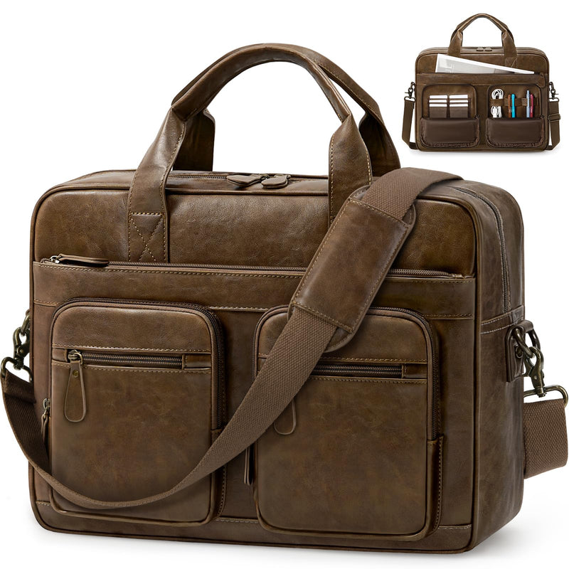 RAINSMORE Vintage Messenger Bag for Men PU Vegan Leather Computer Laptop Bag 15.6 Inch Waterproof Briefcases for Men Retro Mens Briefcase Satchel Bag for Work Office Business Travel Brown