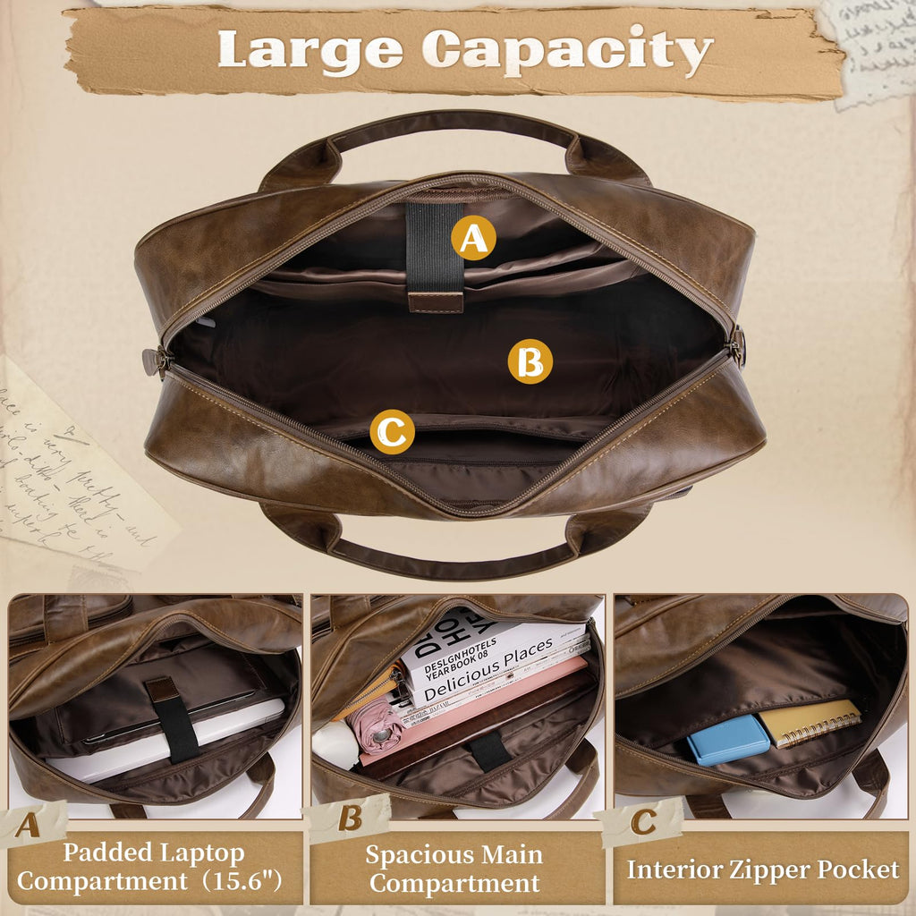 RAINSMORE Vintage Messenger Bag for Men PU Vegan Leather Computer Laptop Bag 15.6 Inch Waterproof Briefcases for Men Retro Mens Briefcase Satchel Bag for Work Office Business Travel Brown