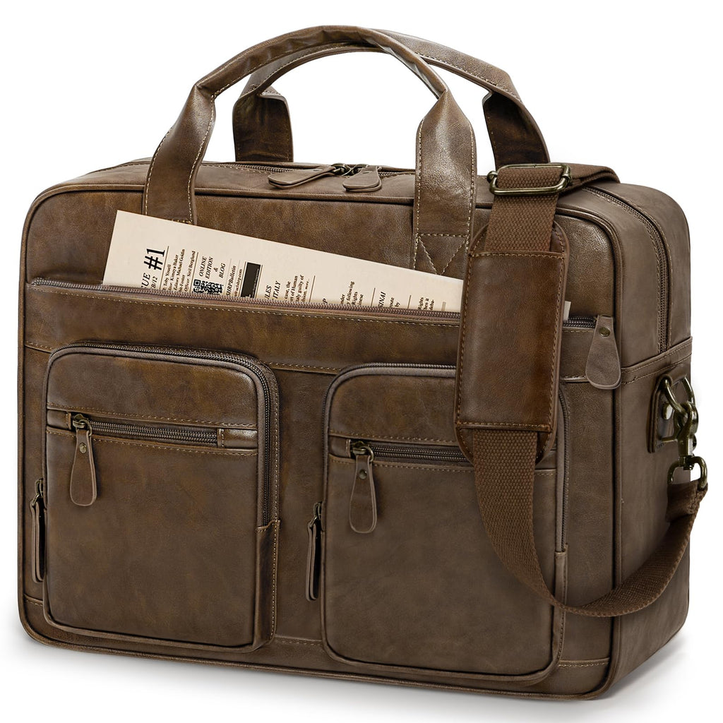 RAINSMORE Vintage Messenger Bag for Men PU Vegan Leather Computer Laptop Bag 15.6 Inch Waterproof Briefcases for Men Retro Mens Briefcase Satchel Bag for Work Office Business Travel Brown