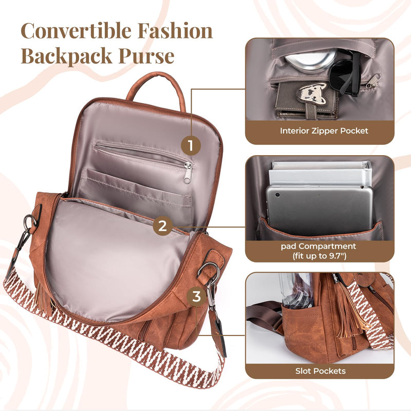 Rcrirth PU Leather Backpack Purse for Women | Fashion Tassel Ladies Purse Backpack Handbags Crossbody Shoulder Bag Suitable for Travel, Weekend Vacations, and Daily Use (Brown)