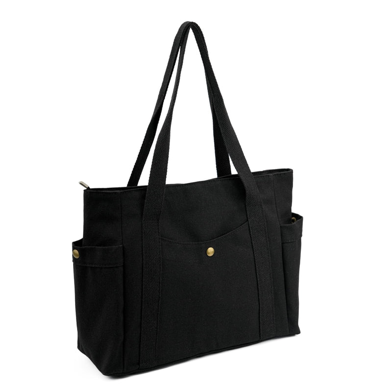 REDSINDA Canvas Tote Bag with Zipper, Multiple Pockets for Daily Essentials, Travel, Work (Black)