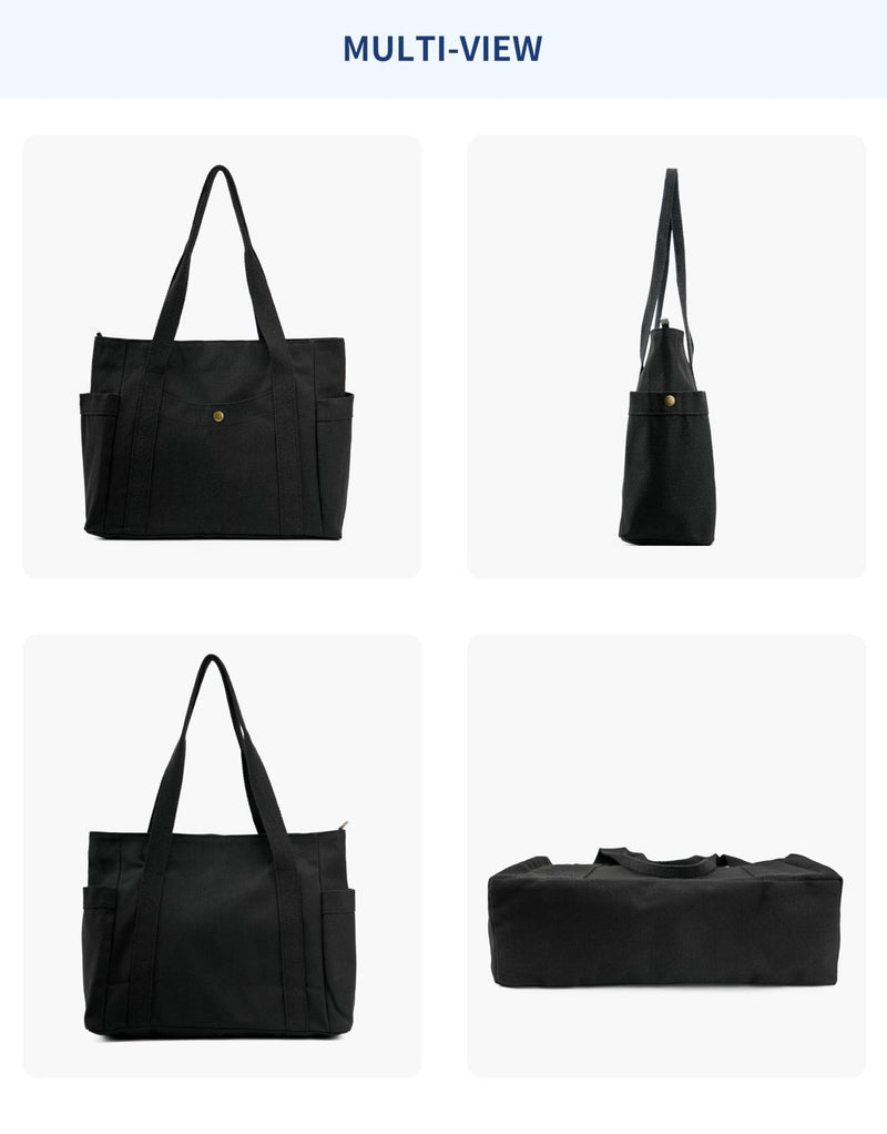 REDSINDA Canvas Tote Bag with Zipper, Multiple Pockets for Daily Essentials, Travel, Work (Black)