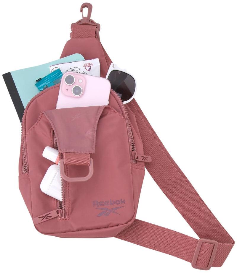 Reebok Unisex Crossbody Sling Bags – Compact Convertible Strap Cross Body Bag Travel Sling Bag - Gym & Travel Essential, Berry Rose