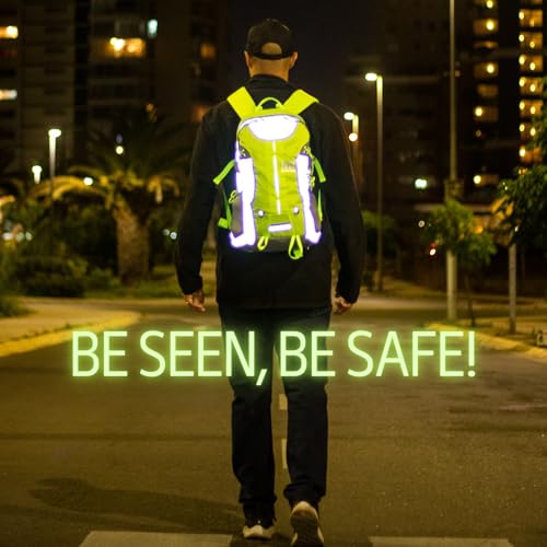 Reflective Motorcycle Backpack – Hi Viz EDC Commuter Bag for Riders, Night Travel, and Daily Use with Helmet Holder, Laptop Compartment, Ventilated Back, Urban Gear (green backpack)