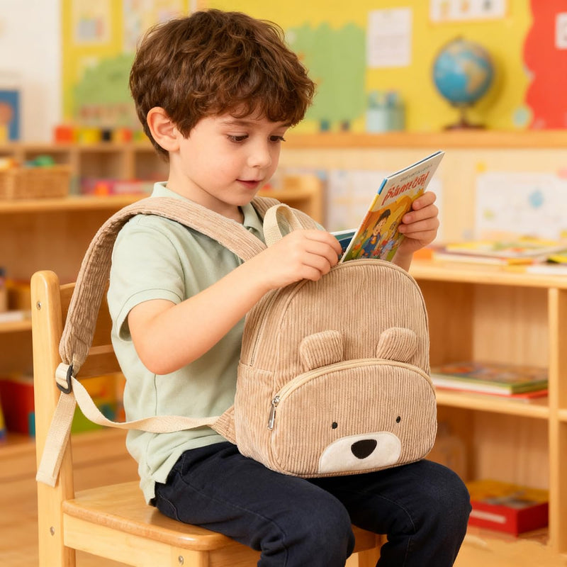 RETEN Corduroy Toddler Backpack for Boys and Girls 3 - 6 Preschool Kindergarten Cute Bear Backpack Kids Travel Daycare Bag, 11.8" (Khaki)