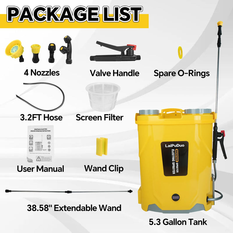 RexLeLXB 5.3Gal Battery Powered Backpack Sprayer Compatible with DeWalt 20V Battery, Electric Backpack Sprayer with 4 Nozzles, 0 - 100 PSI Adjustable Pressure for Weeding, Spraying & Cleaning