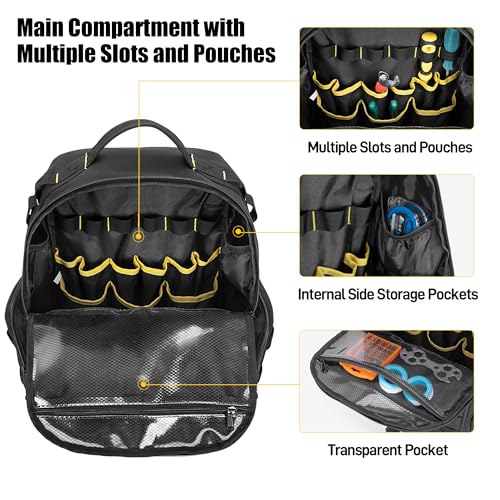 Rexmica Tool Bag Backpack for Men with 3 Tool Pouches, Heavy-Duty Tool Storage Organizer Bag with Padded Shoulder & Waist Support, Tactical Work Tool Bag for Electrician, Repairman, HVAC Techs, Black