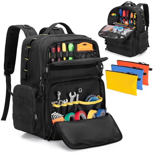 Rexmica Tool Bag Backpack for Men with 3 Tool Pouches, Heavy-Duty Tool Storage Organizer Bag with Padded Shoulder & Waist Support, | Backpacks4Less
